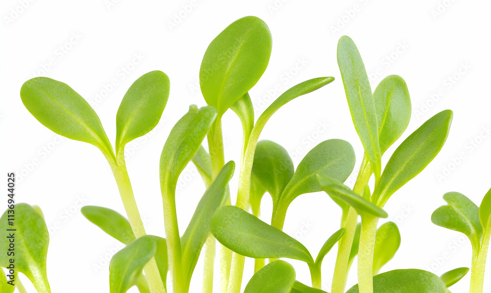 Fototapeta premium Vibrant close-up of fresh cress sprouts, showcasing their bright green leaves and delicate stems against a clean white background. Ideal for healthy eating, spring, and growth themes.