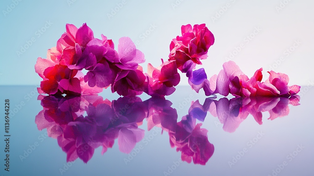 Fototapeta premium burst of pink and purple flower petals arranged in abstract 8 shape on smooth reflective surface