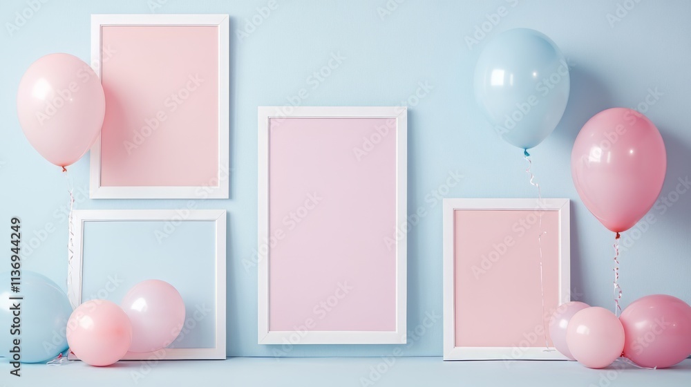 Pastel Pink and Blue Balloons with Empty Frames - Perfect for Celebrations Pastel Pink and Blue Balloons with Empty Frames - Perfect for Celebrations