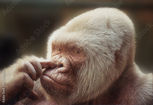 Photography Curious albino gorilla picking its nose with finger