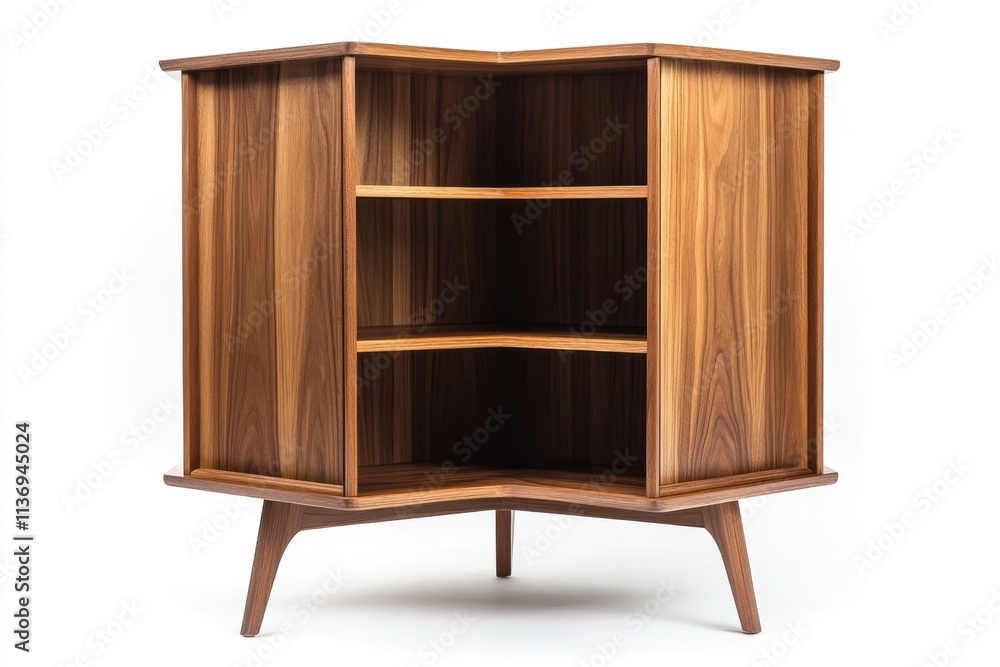 Corner wooden cabinet with three shelves and mid-century modern legs. Corner wooden cabinet with three shelves and mid-century modern legs.