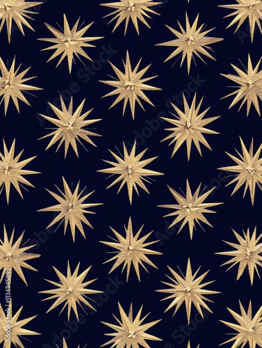 Intricate golden starbursts dance on a rich navy backdrop, creating a striking and modern seamless pattern perfect for various creative projects. Generative AI