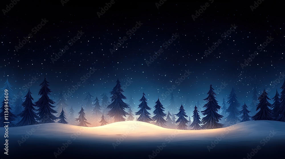 A winter's night, hill dusted white, pines in foreground, starry sky above A winter's night, hill dusted white, pines in foreground, starry sky above