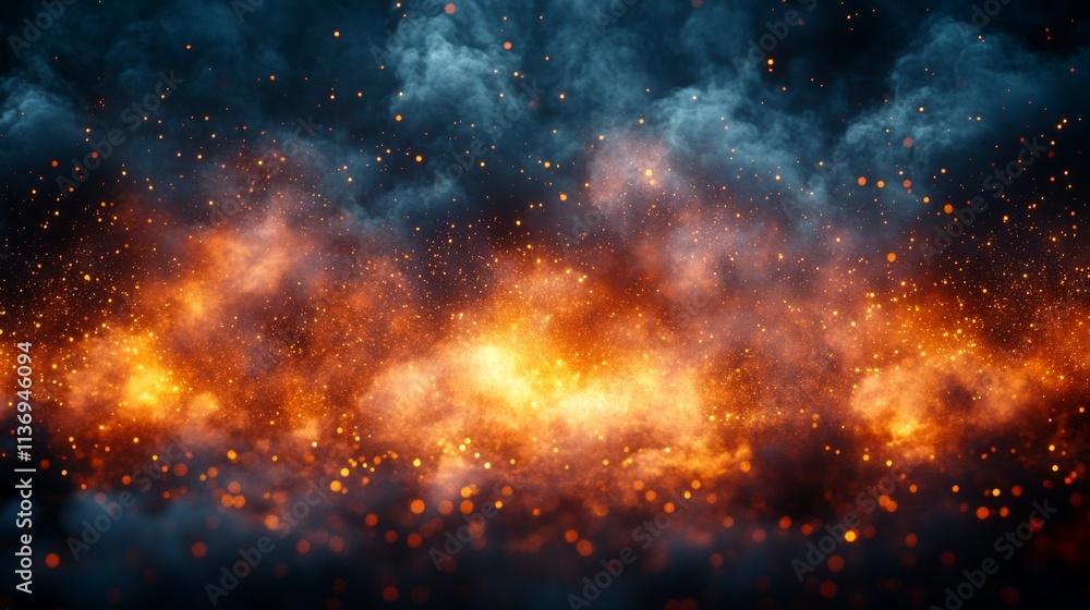 Fototapeta premium Smoke cloud from burnt wood fire. Dust of lights. Spooky dark magic haze. Panoramic view of the abstract fog.