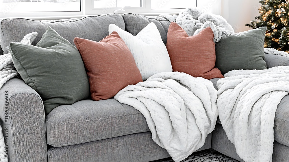 Cozy Grey Sectional Sofa With Soft Pillows and Blankets Cozy Grey Sectional Sofa With Soft Pillows and Blankets