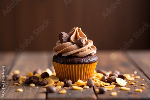 One Chocolate cupcake with mocha mousse cream, close-up, with copy space. National Cupcake Day. International Tea Day. For posters, banners, backgrounds photo