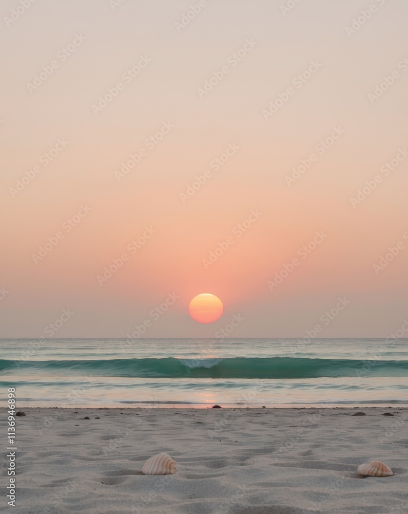 A calm and peaceful sunset scene with the sun dipping into the ocean on a sandy beach A calm and peaceful sunset scene with the sun dipping into the ocean on a sandy beach