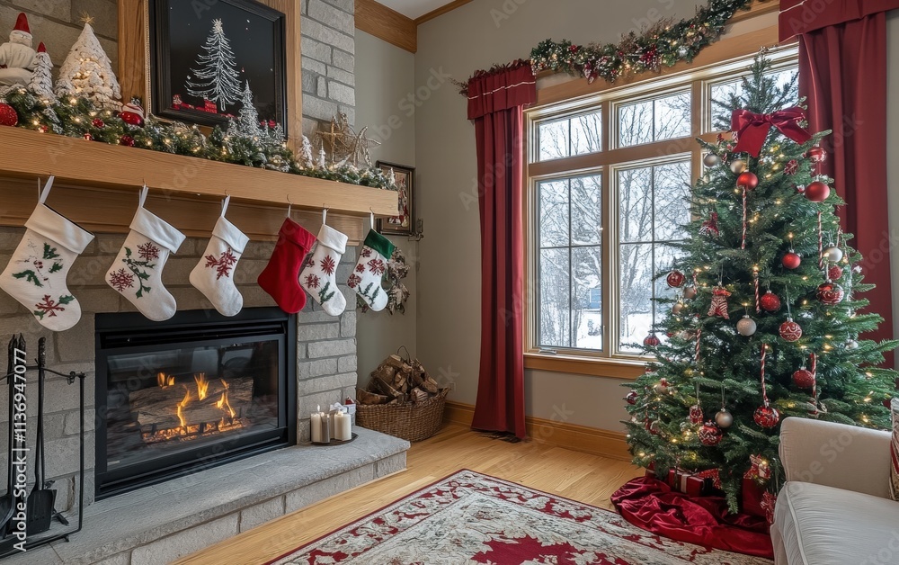 Charming holiday scene with a cozy fireplace, stockings hung with care, and a tree adorned with traditional red and green decorations Charming holiday scene with a cozy fireplace, stockings hung with care, and a tree adorned with traditional red and green decorations