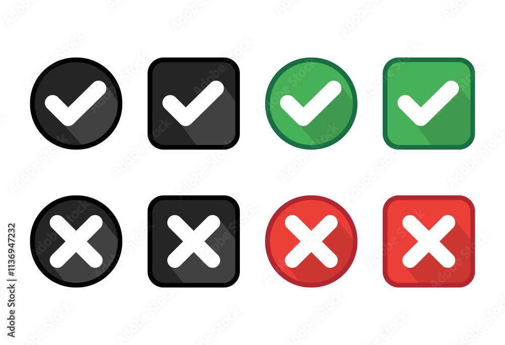 Check mark and cross icon set. Green check mark and red cross vector icons. Right and wrong buttons. Illustration of voting. Yes, there is no explanation. Isolated checkbox icon Check mark and cross icon set. Green check mark and red cross vector icons. Right and wrong buttons. Illustration of voting. Yes, there is no explanation. Isolated checkbox icon