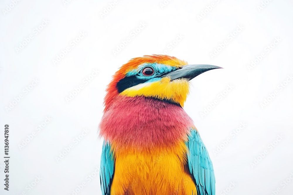 Fototapeta premium vibrant exotic bird sits in center of frame against stark white background
