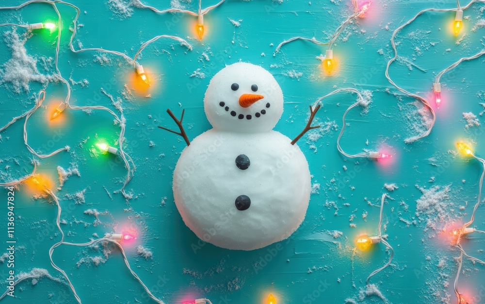 Obraz premium A snowman surrounded by colorful Christmas lights on an aqua background