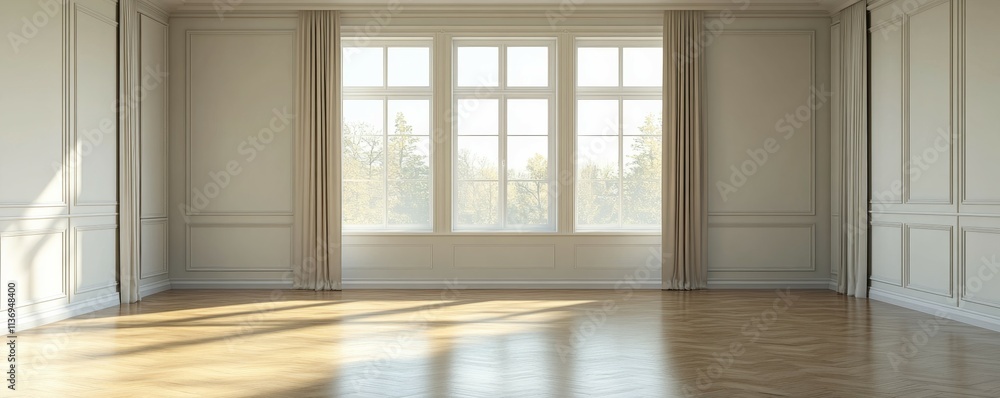 Empty beautiful modern living room with a beautiful view of the window Empty beautiful modern living room with a beautiful view of the window