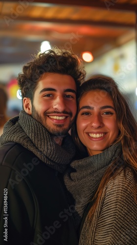 Happy Arab-American couple enjoys a New Year celebration, radiating joy and excitement in a festive setting