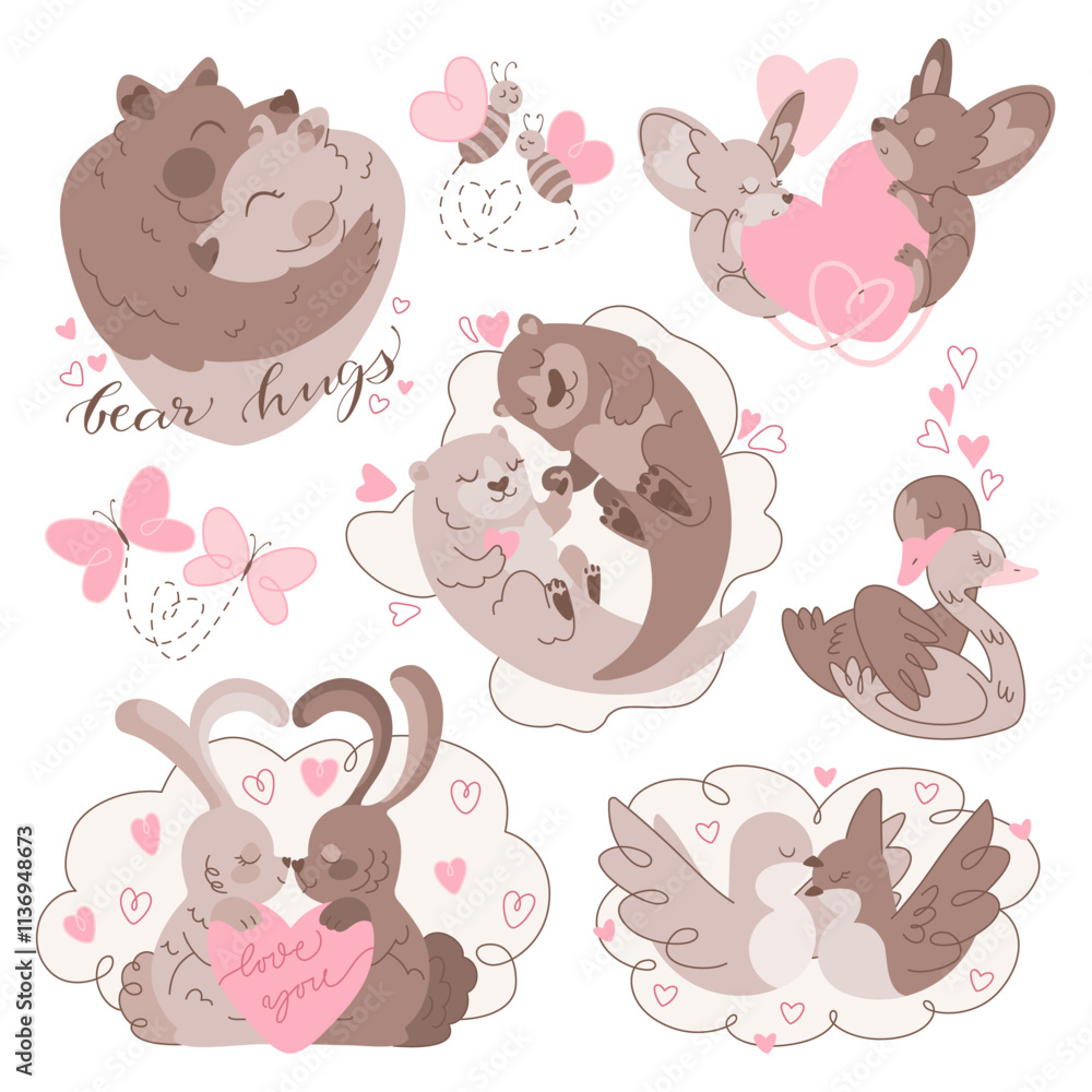 Valentine Day Animals Set, Flat Hand Drawn Couples Valentine Day Animals Set, Flat Hand Drawn Couples