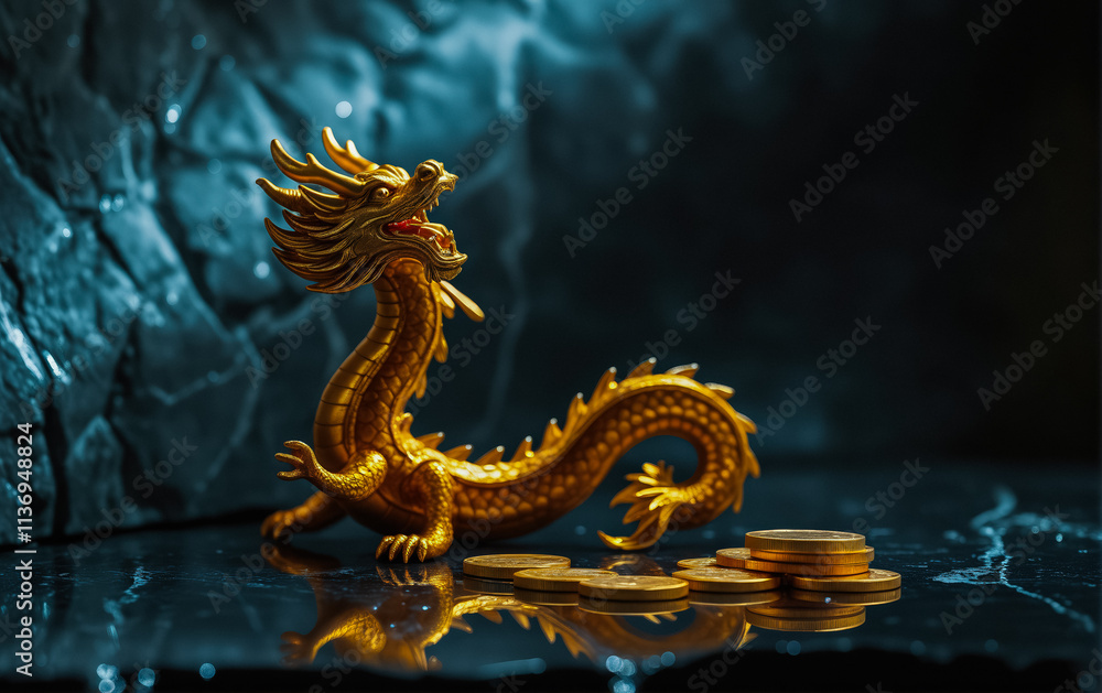 Fototapeta premium A golden dragon figurine sits elegantly on a dark surface, illuminated by soft, focused lighting, symbolizing strength, prosperity, and tradition.