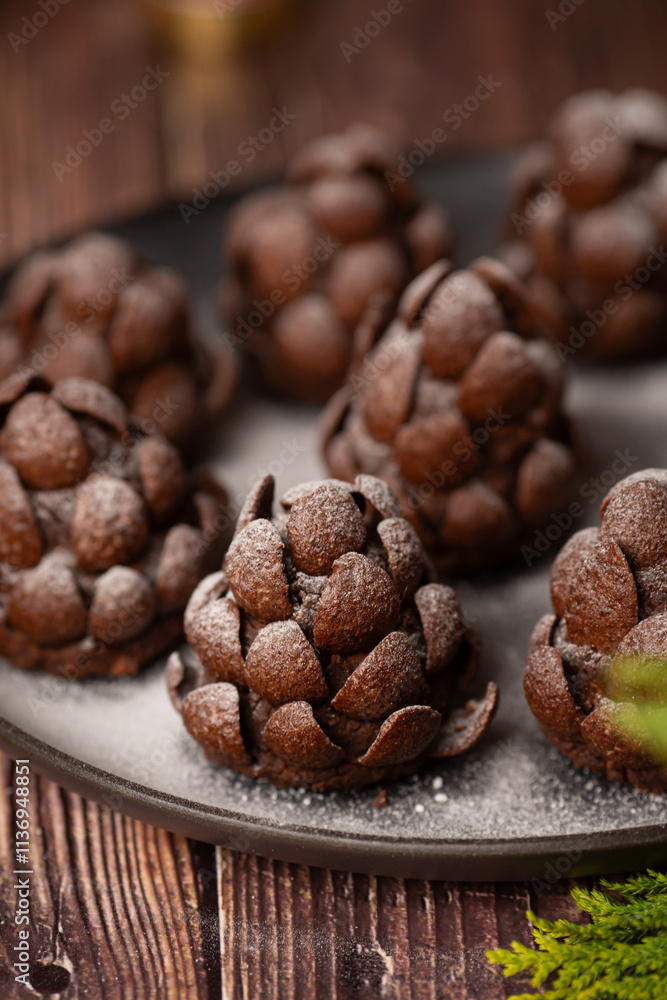 Christmas food dessert in the shape of brown pinecone on the plate Christmas food dessert in the shape of brown pinecone on the plate
