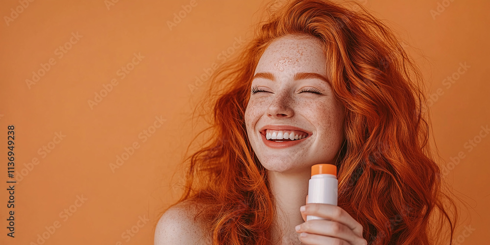 A red-haired woman smiling confidently while holding a deodorant bottle, embodying freshness, natural beauty, and effortless elegance. A red-haired woman smiling confidently while holding a deodorant bottle, embodying freshness, natural beauty, and effortless elegance.