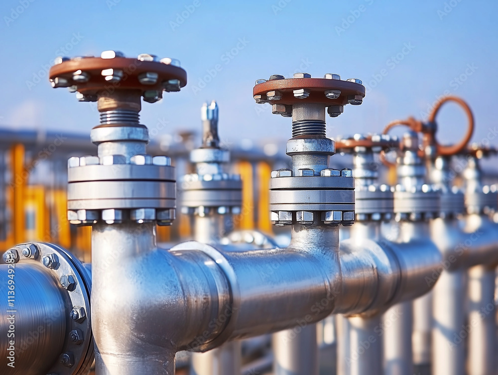 Industrial valves and piping system at a facility during daylight Industrial valves and piping system at a facility during daylight