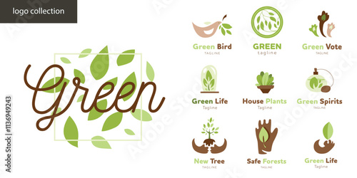 Eco-friendly badges for logo and branding set. Green energy, environmental protection and environmentally friendly products. Ideas for design and decoration. Vector collection of illustrations