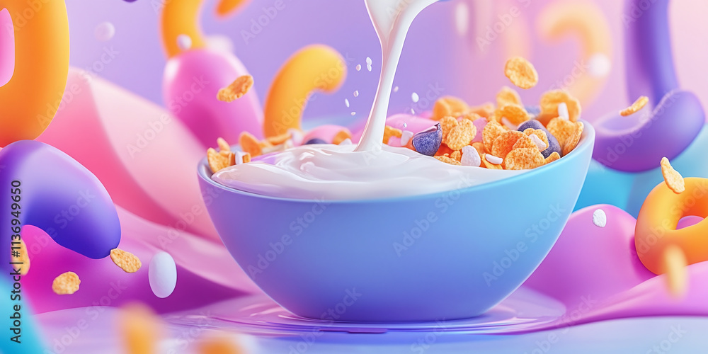 Milk pouring into a cereal bowl, creating a splash, symbolizing a healthy and delicious breakfast, perfect for kids and providing energy for the morning. Milk pouring into a cereal bowl, creating a splash, symbolizing a healthy and delicious breakfast, perfect for kids and providing energy for the morning.