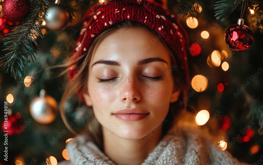 A serene woman with glowing skin enjoying a facial treatment with festive garlands and ornaments in the background A serene woman with glowing skin enjoying a facial treatment with festive garlands and ornaments in the background