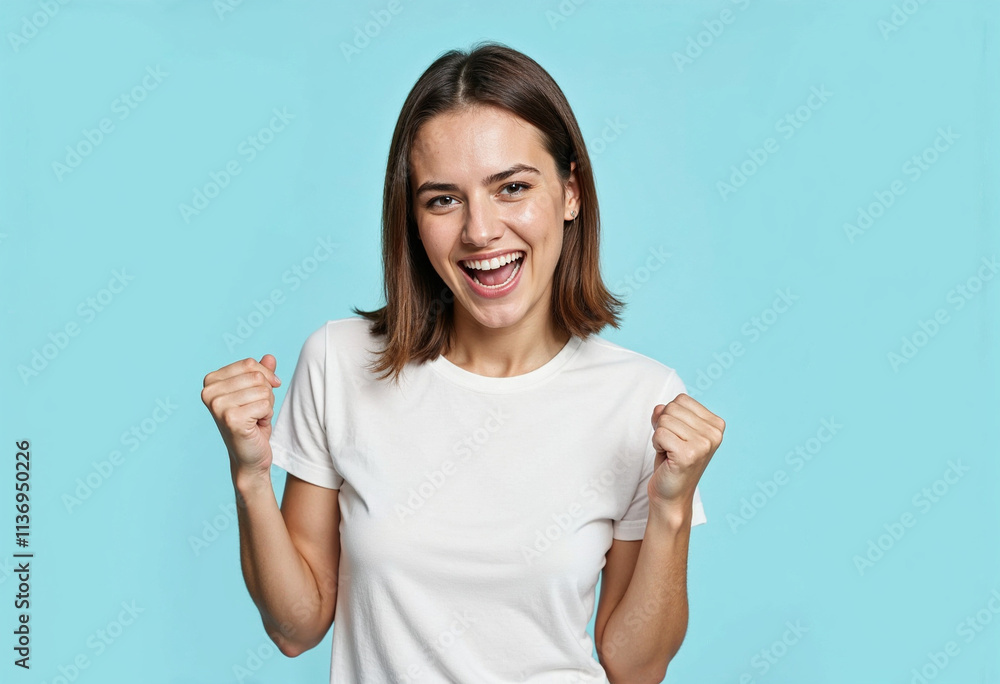 Young excited happy woman she wears white top shirt casual clothes doing winner gesture celebrate clenching fists isolated on plain pastel light blue cyan background studio portrait. Lifestyle concept Young excited happy woman she wears white top shirt casual clothes doing winner gesture celebrate clenching fists isolated on plain pastel light blue cyan background studio portrait. Lifestyle concept