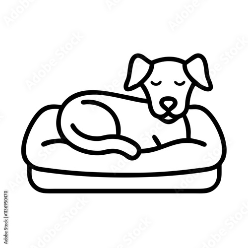 dog resting in a cozy bed icon, dog day line art, dog day icon - simple black line art icon of dog resting in a cozy bed, for dog day celebrations. dog day vector art.