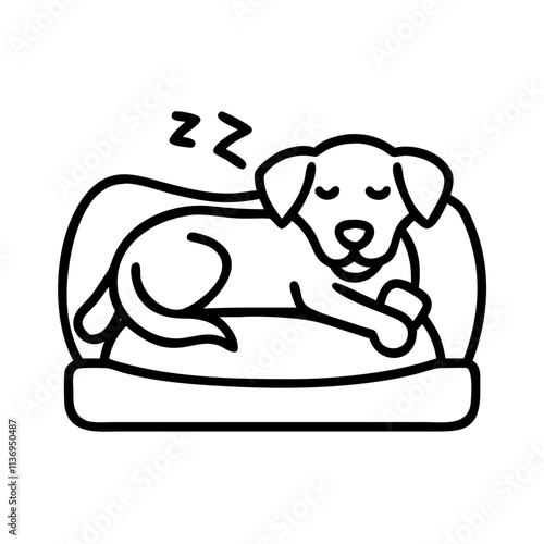 dog resting in a cozy bed icon, dog day line art, dog day icon - simple black line art icon of dog resting in a cozy bed, for dog day celebrations. dog day vector art.