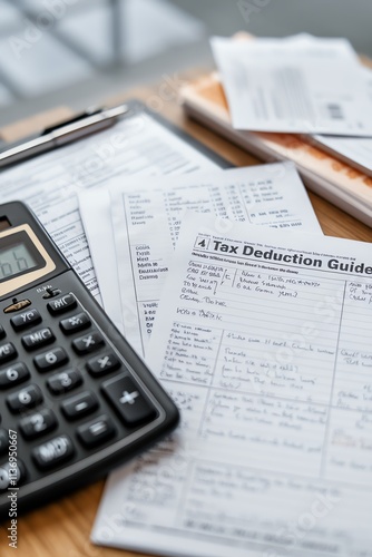 Calculator and tax documents on wooden desk, financial paperwork and calculations.