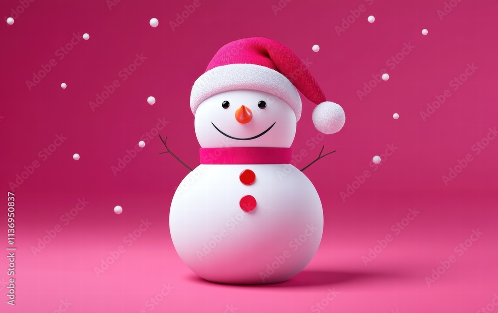 A snowman wearing a Santa hat on a raspberry pink background A snowman wearing a Santa hat on a raspberry pink background