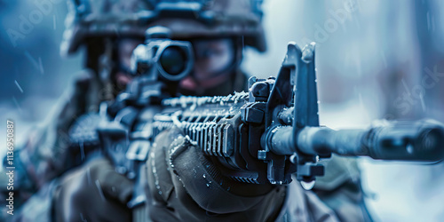 Close-up of Soldier with AR-15 Rifle in Snow photo