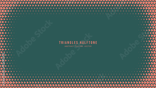 Triangles Halftone Pattern Rounded Vignette Frame Vector Orange Green Abstract Background. Retro Futuristic Technology Art Illustration. Modern Minimalist Art Half Tone Graphic Eye Catching Wallpaper