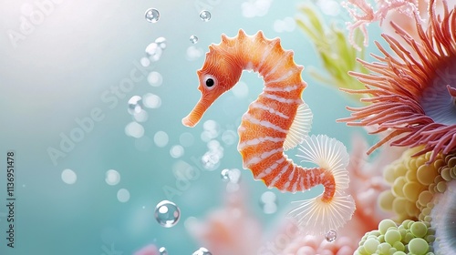   A clear photo of a sea horse with bubble-filled mouth and a sea anemone in the backdrop photo