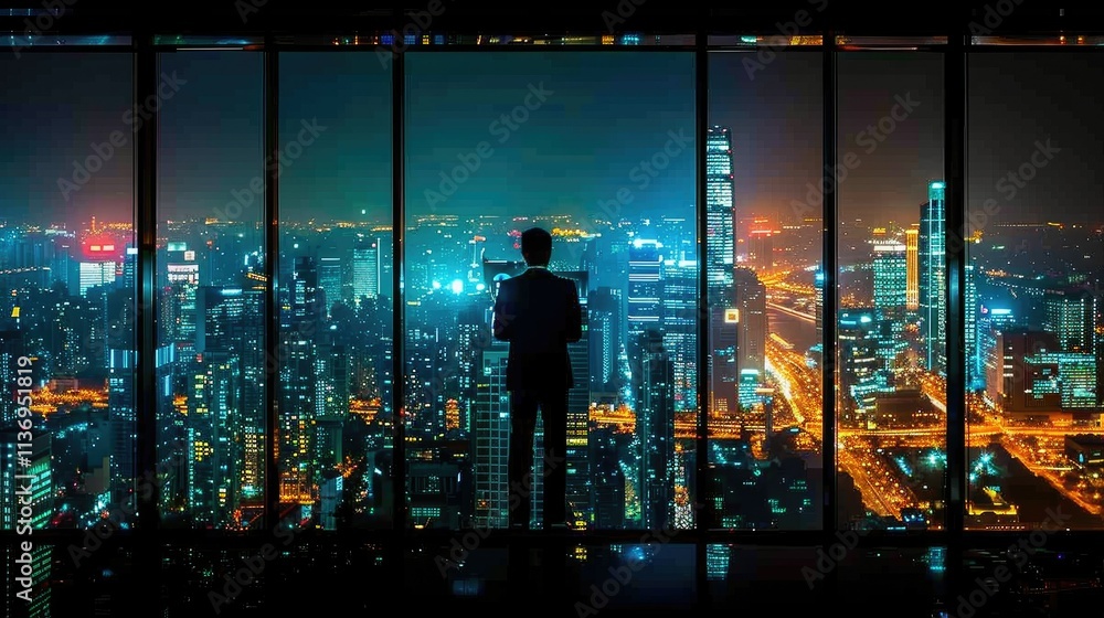 A businessman gazes at a vibrant cityscape from a high-rise window at night. A businessman gazes at a vibrant cityscape from a high-rise window at night.