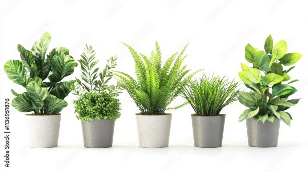 Fototapeta premium Five Potted Plants in a Row - A Fresh, Green Home Decor