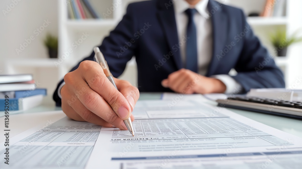 Close-up of a businessman signing a contract at a desk in an office setting. Close-up of a businessman signing a contract at a desk in an office setting.