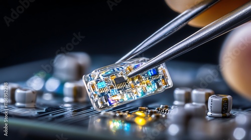 Close-up of a microchip on a circuit board being handled with tweezers. photo