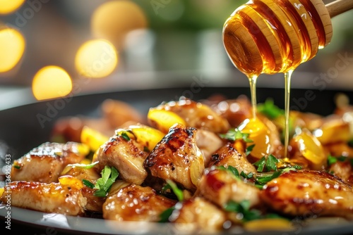  Honey Garlic Chicken Stir-Fry with mushrooms and vegetables under hot honey. a dish served in retaurant photo