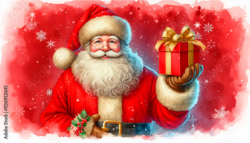 A cartoonish drawing of Santa Claus holding a red box