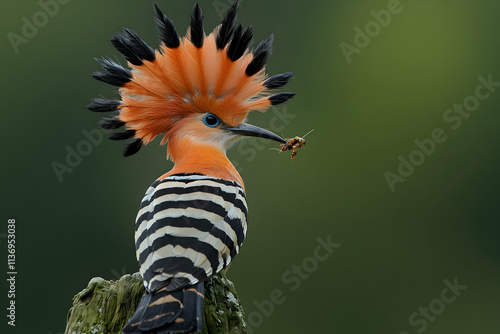 Striking Hoopoe bird with vibrant orange crest, black and white striped body, holding a grasshopper in its beak, perched on a weathered post against a blurred green background. photo