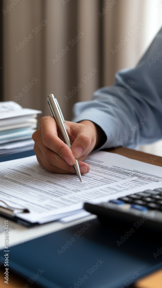 Close-up of hand writing on documents with calculator, showcasing office work.