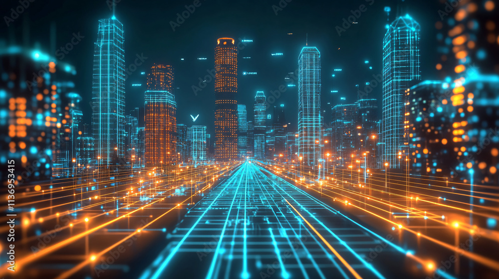 A futuristic city with flying cars, illuminated skyscrapers, and towering monoliths rising from a glowing grid. A futuristic city with flying cars, illuminated skyscrapers, and towering monoliths rising from a glowing grid.