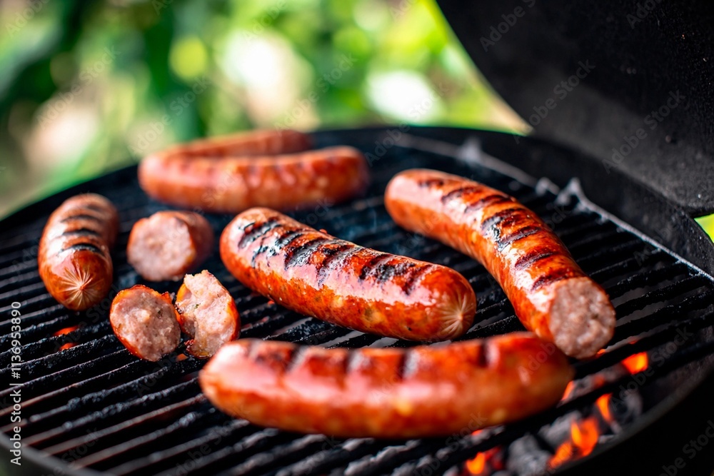 Sizzling sausages cooking on a summer barbecue grill at a backyard gathering Sizzling sausages cooking on a summer barbecue grill at a backyard gathering