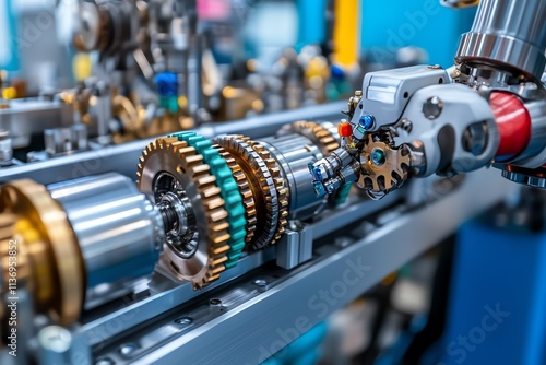 Close-up of machinery with gears in a modern industrial setting, showcasing precision engineering. photo