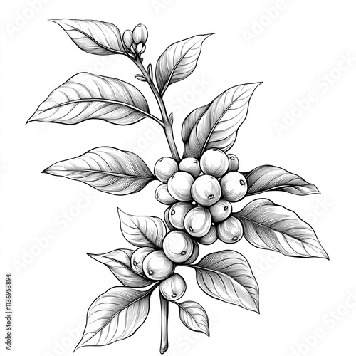  black and white Detailed Botanical Illustration of Peaberry Coffee Plant