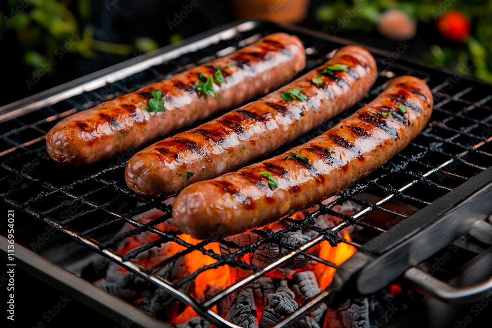 Sizzling sausages grilled to perfection over charcoal flames in a vibrant outdoor setting Sizzling sausages grilled to perfection over charcoal flames in a vibrant outdoor setting