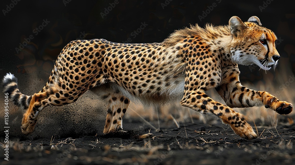 A cheetah sprinting across a dark, sandy landscape, showcasing its speed and agility. A cheetah sprinting across a dark, sandy landscape, showcasing its speed and agility.