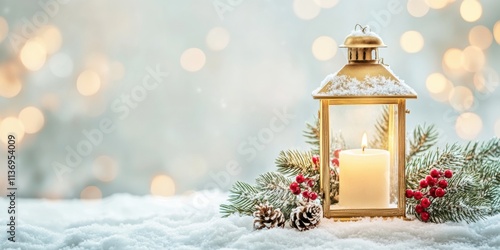 A serene winter scene featuring a lantern with a candle surrounded by pine branches and berries, perfect for holiday celebrations and cozy decor. photo