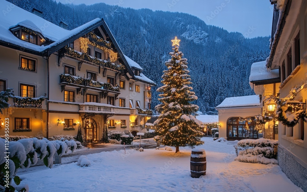 A traditional European hotel with a snowy courtyard, a large outdoor Christmas tree, and twinkling fairy lights A traditional European hotel with a snowy courtyard, a large outdoor Christmas tree, and twinkling fairy lights