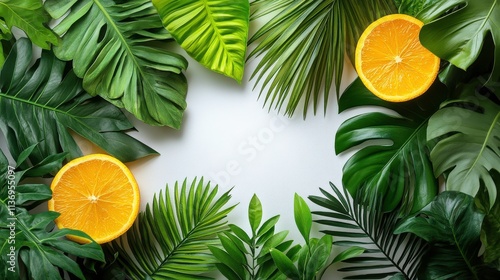 Vibrant Tropical Leaves with Fresh Oranges Arranged in a Circular Pattern on a Clean Background for Nature, Fruit and Tropical Themes photo